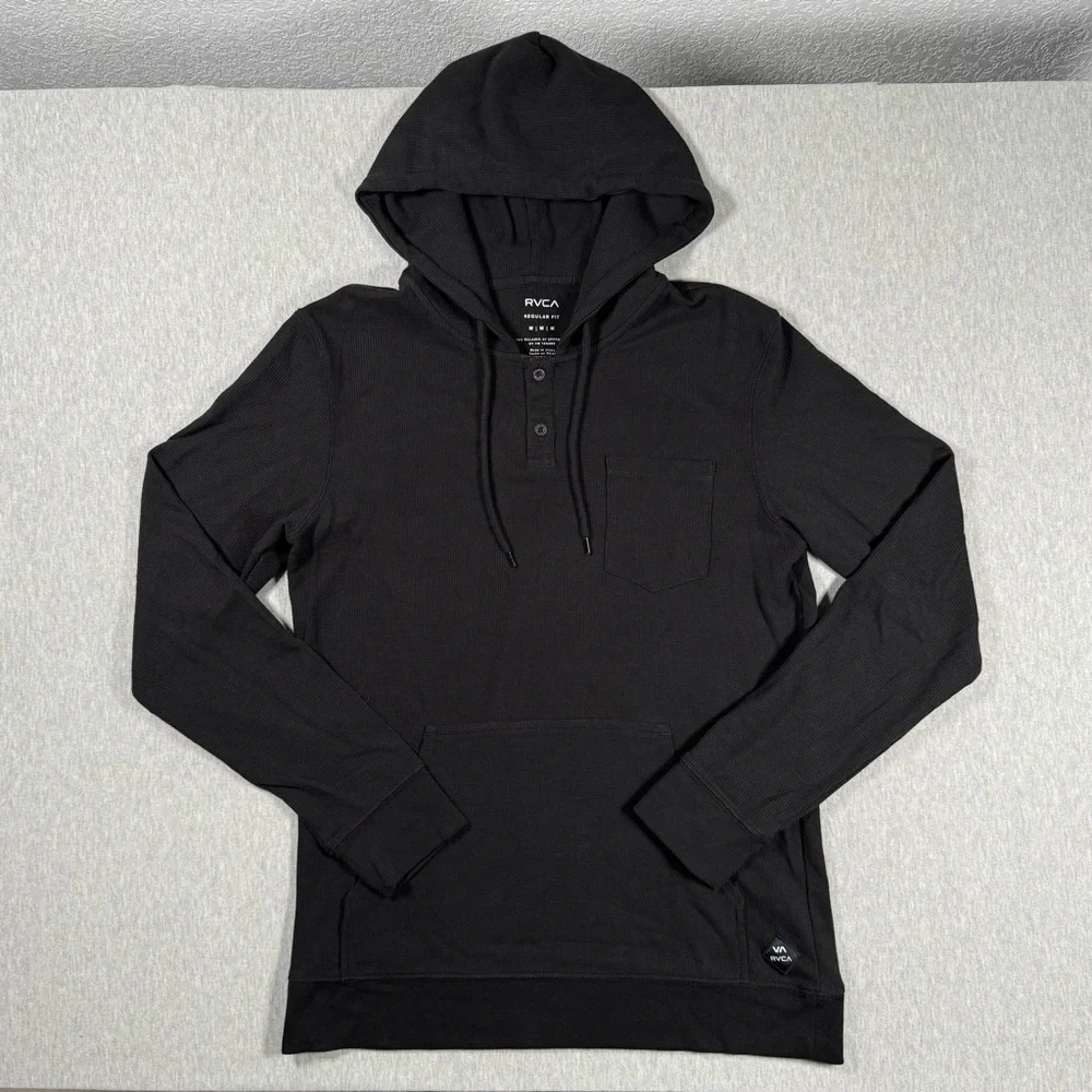 RVCA Waffle Knit Hoodie | Size M | Black Pullover Henley - Picture 2 of 7
